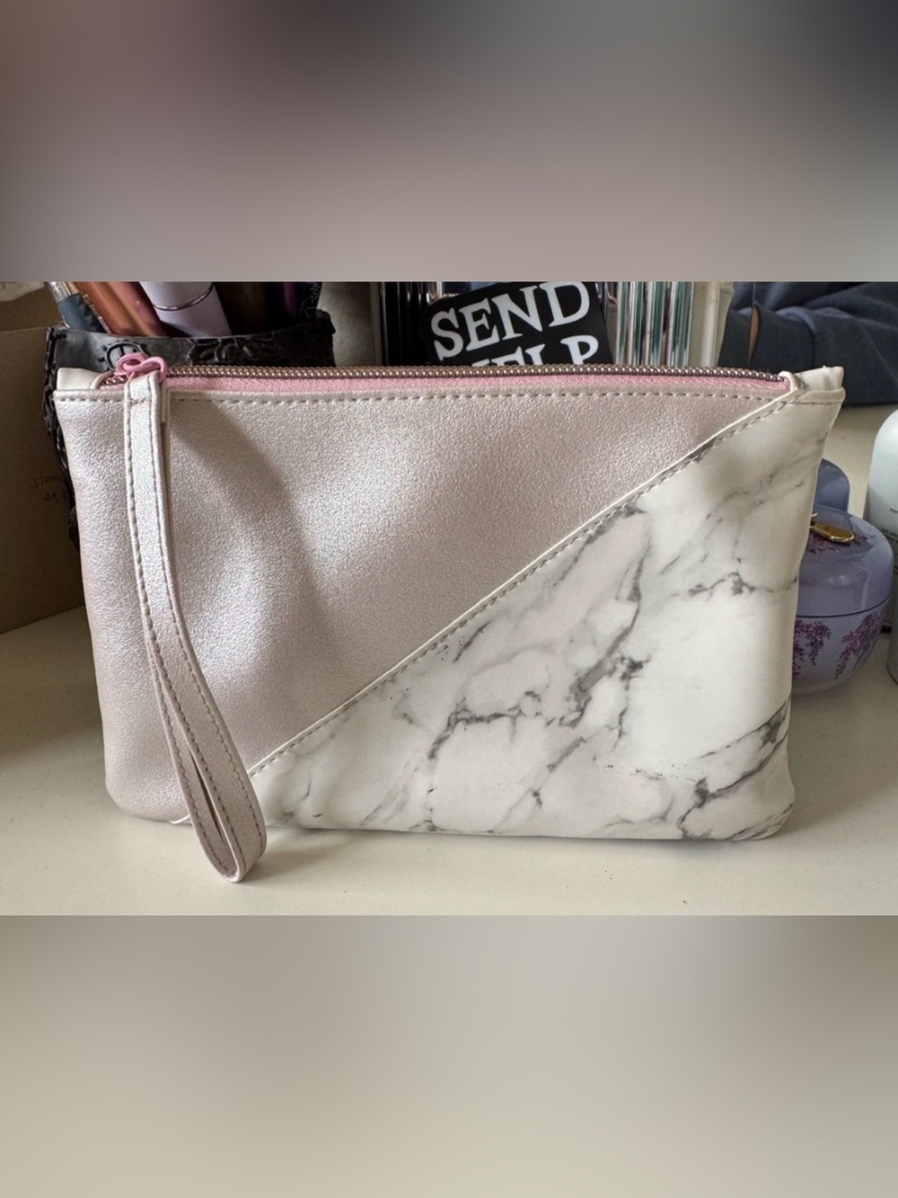 3/$15 IPSY White Marble and Pink Wristlet Cosmetic Bag Makeup Bag